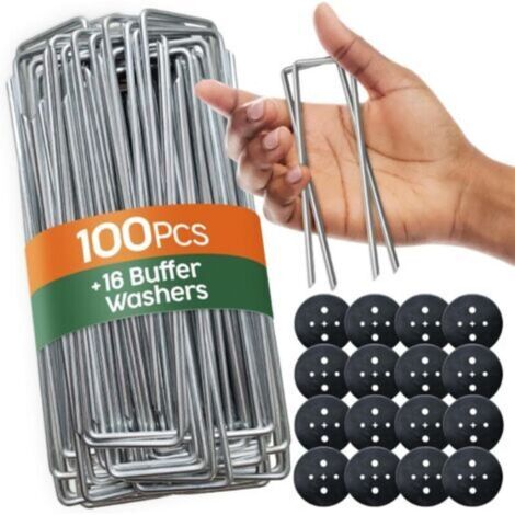 Piquets de Jardin 100 pcs + 16 Rondelles – Sardines de Fixation pour Sol Dur, Agrafes de Jardin - Piquet Ancrage pour Tomates - Agrafes pour Toile de Paillage et Gazon Synthétique