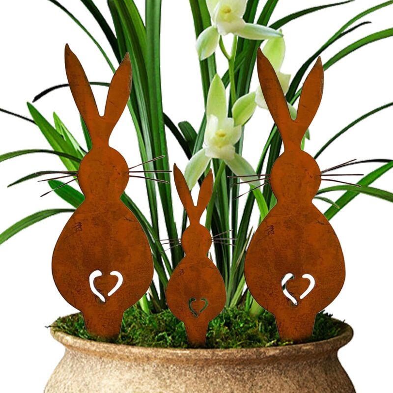 ANMI Piquets de Jardin en Forme de Lapin de Pâques, 3 Lapins de Pâques Rouillé Décoration de Jardin, Lapin Rouille Décoration Set, Decoration Lapin