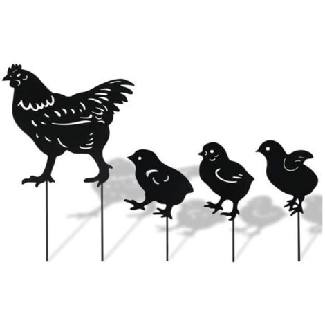 Piquets de jardin - Sculpture de poule - Statue en métal - Couleur noire - Lot de 4 - Résistants aux intempéries