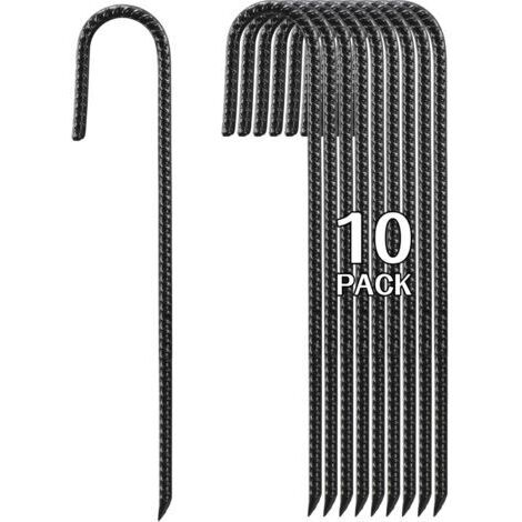 Piquets en Acier 40cm Haute Résistance - Lot de 10 Ancres Sol J-Forme pour Tente, Clôture Jardin, Plantes et Tubes en Tissu, Noir
