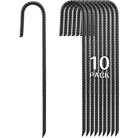 Piquets en Acier 40cm Haute Résistance - Lot de 10 Ancres Sol J-Forme pour Tente, Clôture Jardin, Plantes et Tubes en Tissu, Noir
