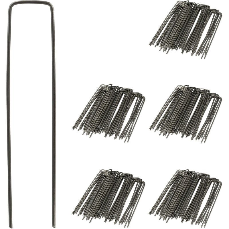 Piquets fixation en lot de 250, 15 cm de long, diamètre de 2 mm, crochets en u, acier, géotextiles, anthracite - Relaxdays