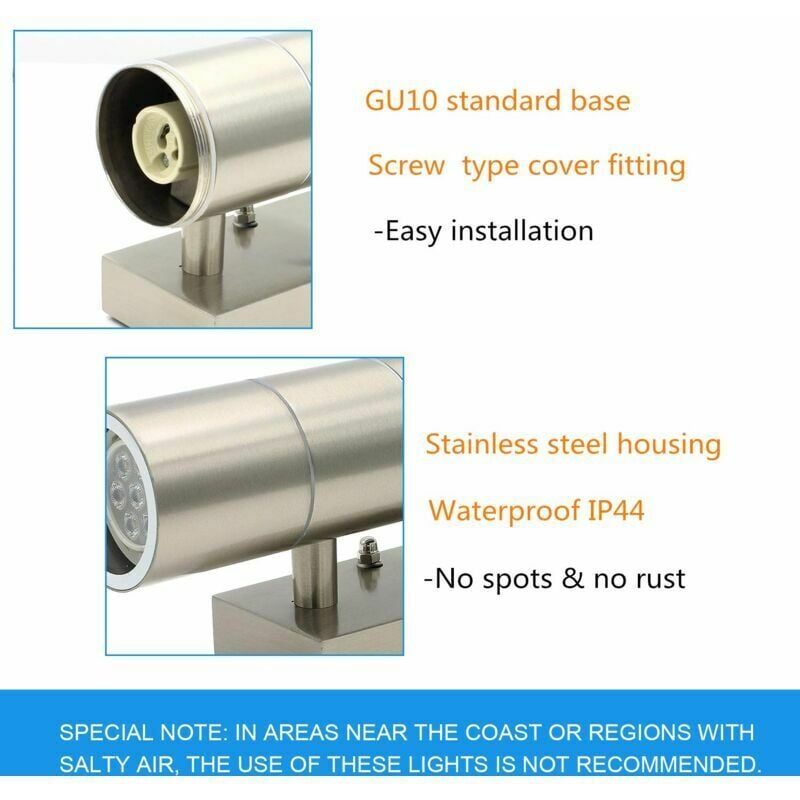 PIR Up Down Mains Powered Outdoor Motion Sensor Wall Lights IP44 Stainless Steel Wall Light Garden Security Lights + 7W Cool White LED Bulbs