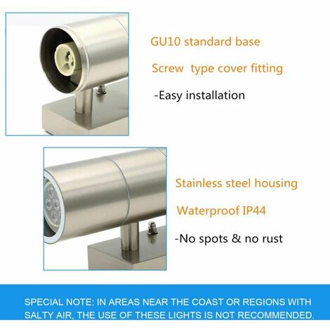 PIR Up Down Mains Powered Outdoor Motion Sensor Wall Lights IP44 Stainless Steel Wall Light Garden Security Lights + 7W Cool White LED Bulbs
