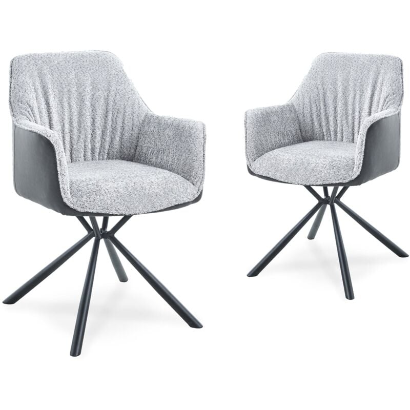 Piro - Lot de 2 chaises avec accoudoir tissu bouclette et simili cuir gris piro
