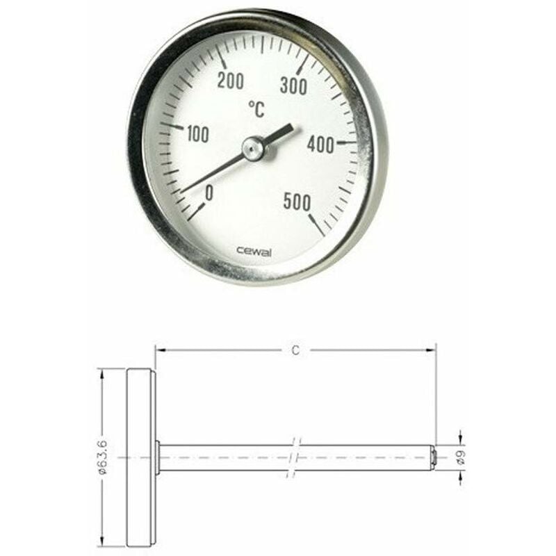 Image of Cewal - Pirometro Termometro 0-500° bimetallico forno stufa camino barbecue 15 cm