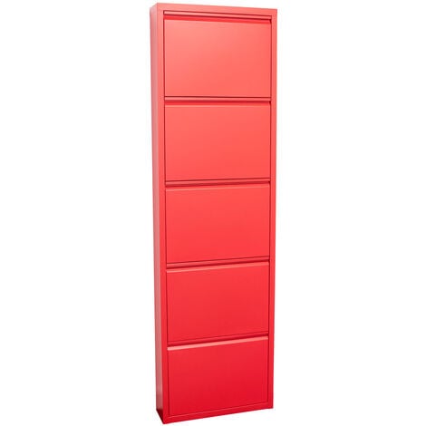 EBUY24 Pisa Armoire à chaussures à 5 rabats/portes en métal, rouge. Livré entièrement monté.