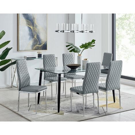 Pisa Black Leg Glass Dining Table and 6 Milan Chairs