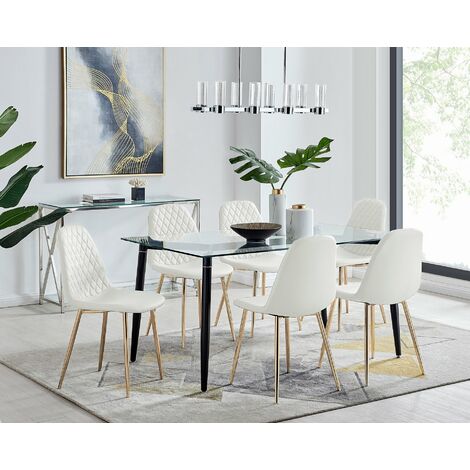 Pisa Black Leg Glass Dining Table and 6 Corona Gold Leg Chairs