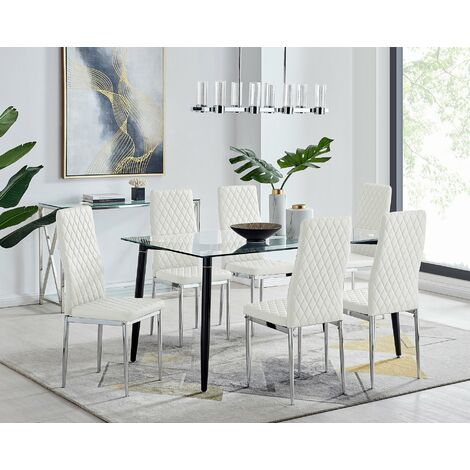 Pisa Black Leg Glass Dining Table and 6 Milan Chairs