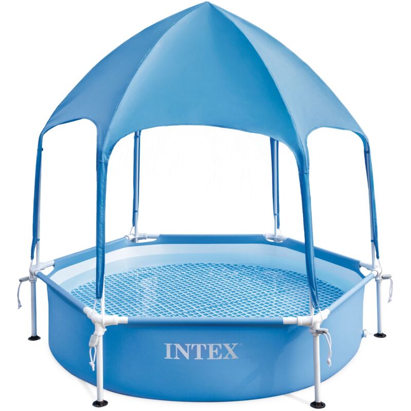 Intex - 28209NP – Piscina Fuori Terra Canopy Metal Frame Rotonda, con Tettoia Parasole Removibile e Spruzzino Acqua, 700 l, Acciaio e pvc, Azzurro,