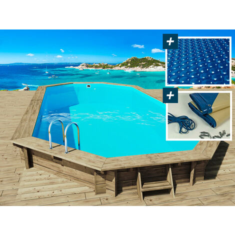 Piscina de madera Ibiza - 8.57 x 4.57 x 1.31 m - Cubierta burbuja 180 µ - Cubierta de invierno 280 g/m2