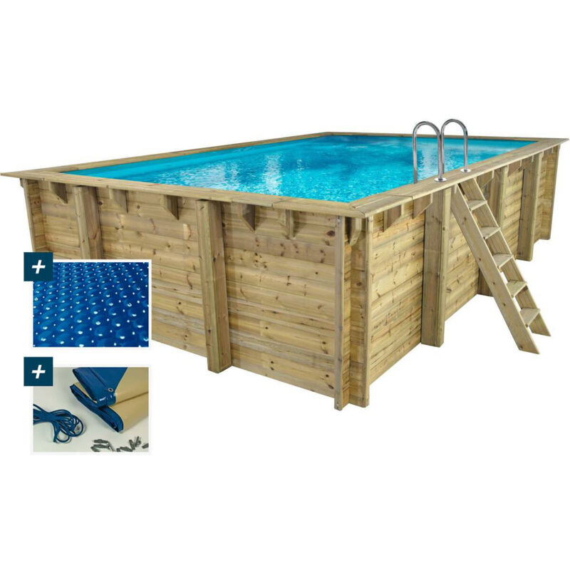 Piscina De Madera Rectangular'Panamá' - 6,20 X 4,10 X 1,45 M + Cubierta De Burbujas De 180 Μ - Cubierta De Invierno De 280 G/M²