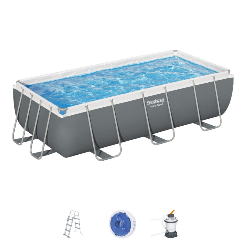 Piscina Tubular Rectangular Bestway Power Steel 404X201X100 Cm Con Depuradora De Arena Escalera Y Dispensador Químico Color Gris