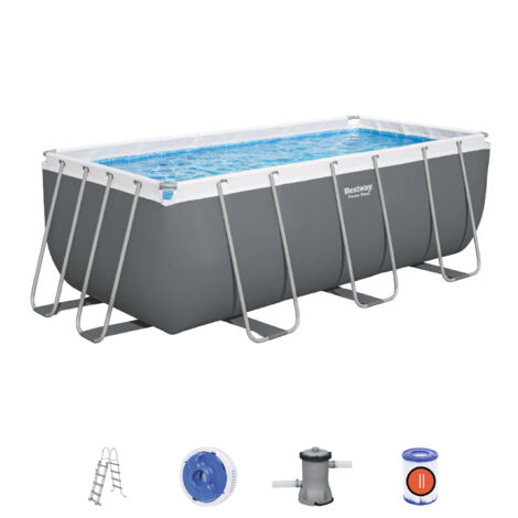 Piscina Tubular Rectangular Bestway Power Steel 412x201x122 cm con Depuradora de Arena Escalera y Dispensador Químico Color Gris