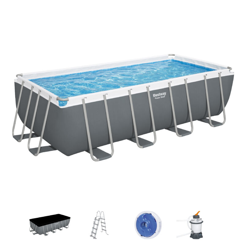 Piscina Tubular Rectangular Bestway Power Steel 488X244X122 Cm Con Depuradora De Arena Escalera Y Dispensador Químico Color Gris