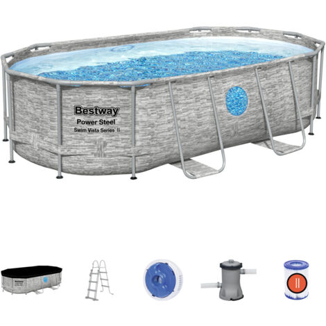 Piscina Desmontable Tubular BESTWAY Power Steel Diseño Piedra 427x250x100 cm Depuradora Cartucho de 2.006l/h Cobertor y Escalera