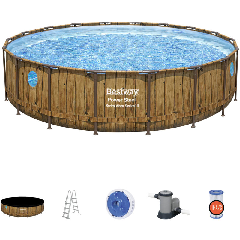 Piscina Sobre Tierra Ø 549 X 122 Cm Redonda Bestway Power Acero Swim Vista Con Ojos De Buey Piscina Tubular Efecto Madera