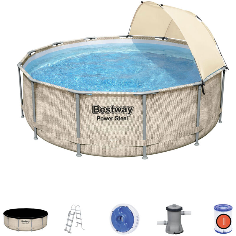 Piscina Desmontable Tubular Bestway Power Steel Diseño Ratán 396X107 Cm Depuradora Cartucho 2.006 L/H Con Cobertor, Escalera Y Techo
