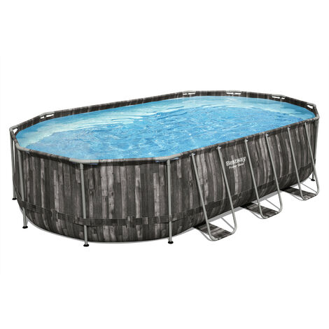 Piscina Desmontable Tubular Bestway Power Steel Oval Diseño Madera 610x366x122 cm con Depuradora Arena 5.678 L/H