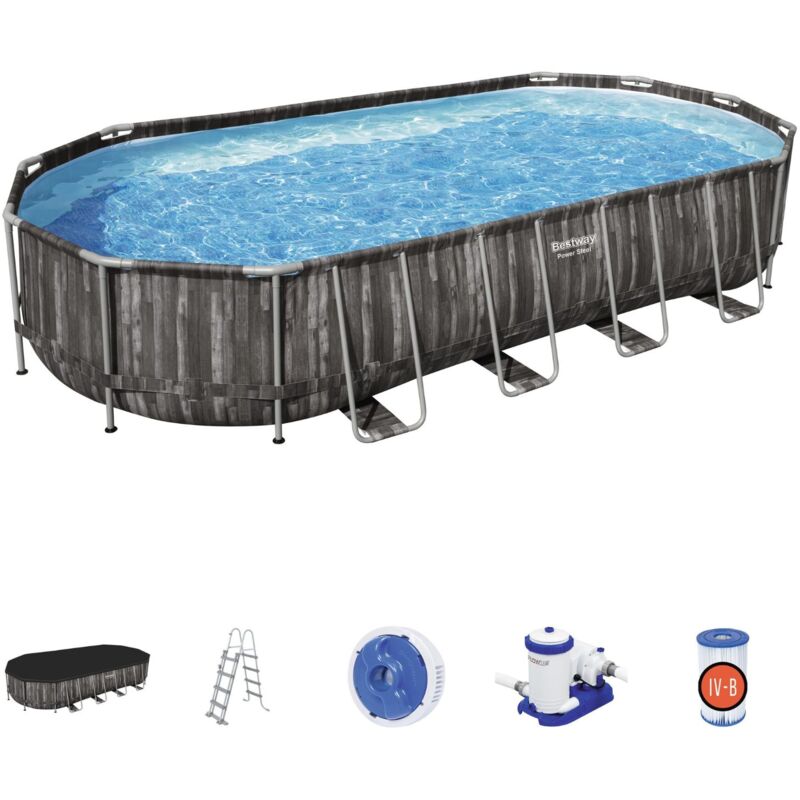 Piscina Desmontable Tubular Bestway Power Steel Oval Diseño Madera 732X366X122 Cm Con Depuradora Cartucho 9.463 L/H Con Cobertor Y Escalera