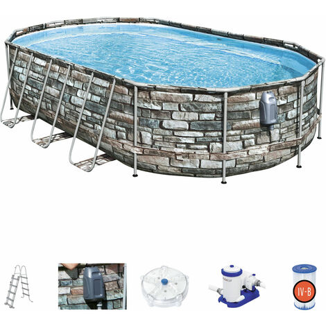 Piscina Desmontable Tubular Bestway Power Steel Oval Diseño Piedra 610x366x122 cm con Depuradora Cartucho 9.463 L/H con Escalera