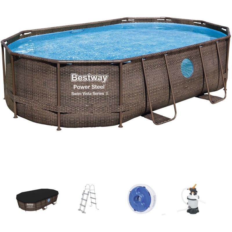 

Piscina Desmontable Tubular Bestway Power Steel Oval Diseño Ratán 488x305x107 cm con Depuradora Cartucho 3.028 L/H