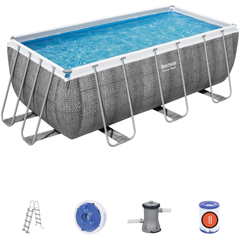 Piscina Desmontable Tubular Bestway Power Steel Rectangular 4,12M X2,01Mx1,22M Diseño Ratán Gris 56722 Con Depuradora De Cartucho Y Escalera