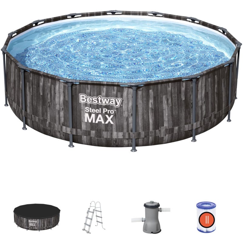 

Piscina Desmontable Tubular Steel Pro Max Diseño Madera 427x107 cm Depuradora Cartucho 3.028 L/H, Cobertor y Escalera - bestway