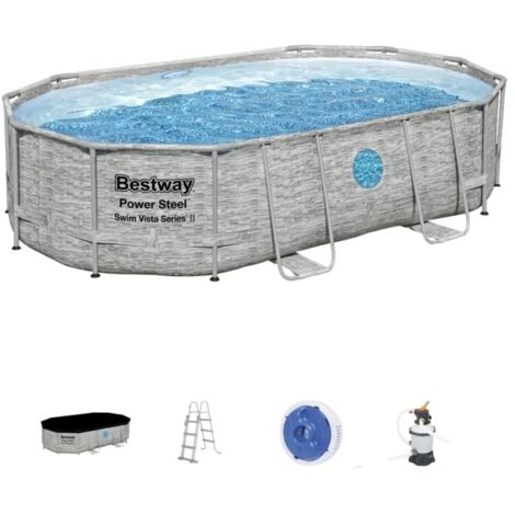 piscina fuori terra con struttura ovale bestway "power steel swim vista" con oblo' effetto pietra 488x305x107 cm