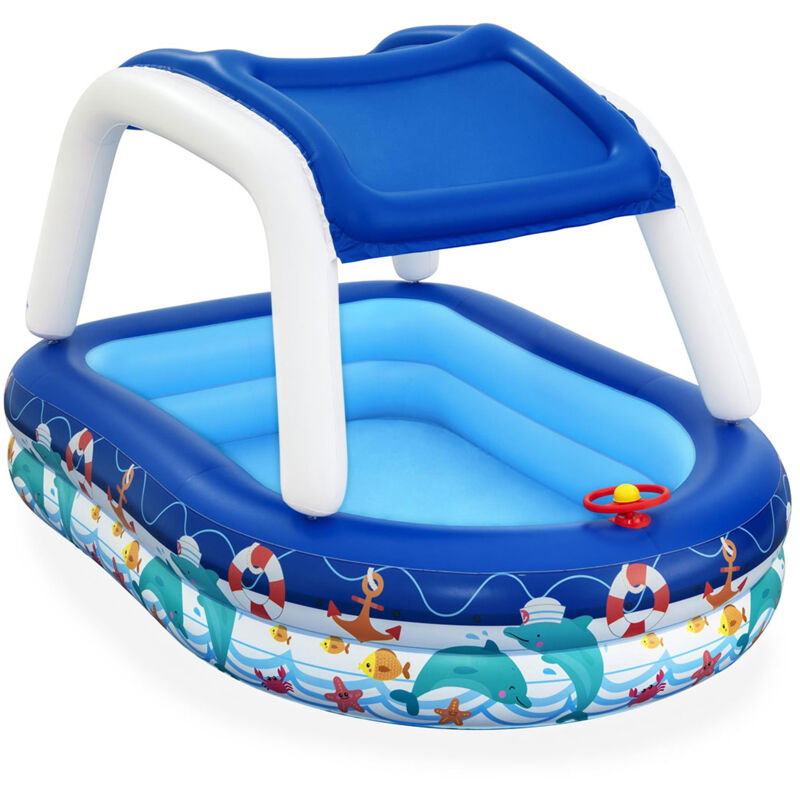 Bestway - Piscina Hinchable Autoportante Infantil 213X155X132 Cm Cúpula Parasol Diseño Barco Con Volante Y Bocina Edad Mayores De 3 Años