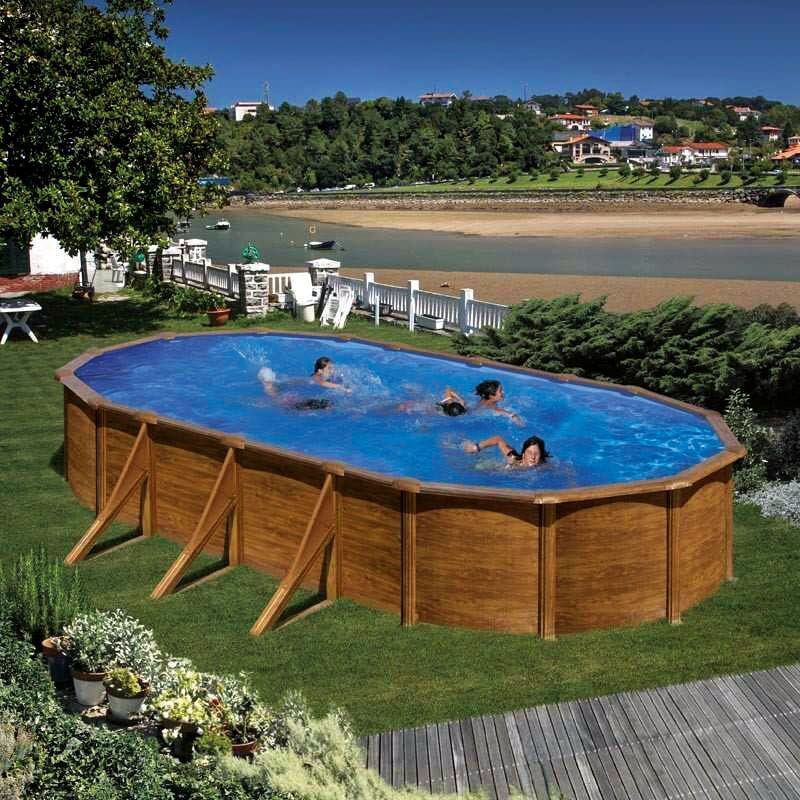 Gre - Piscine Acier Pacific - Imitation Bois - Ovale - 7,30 M X 3,75 M X 1,20 M