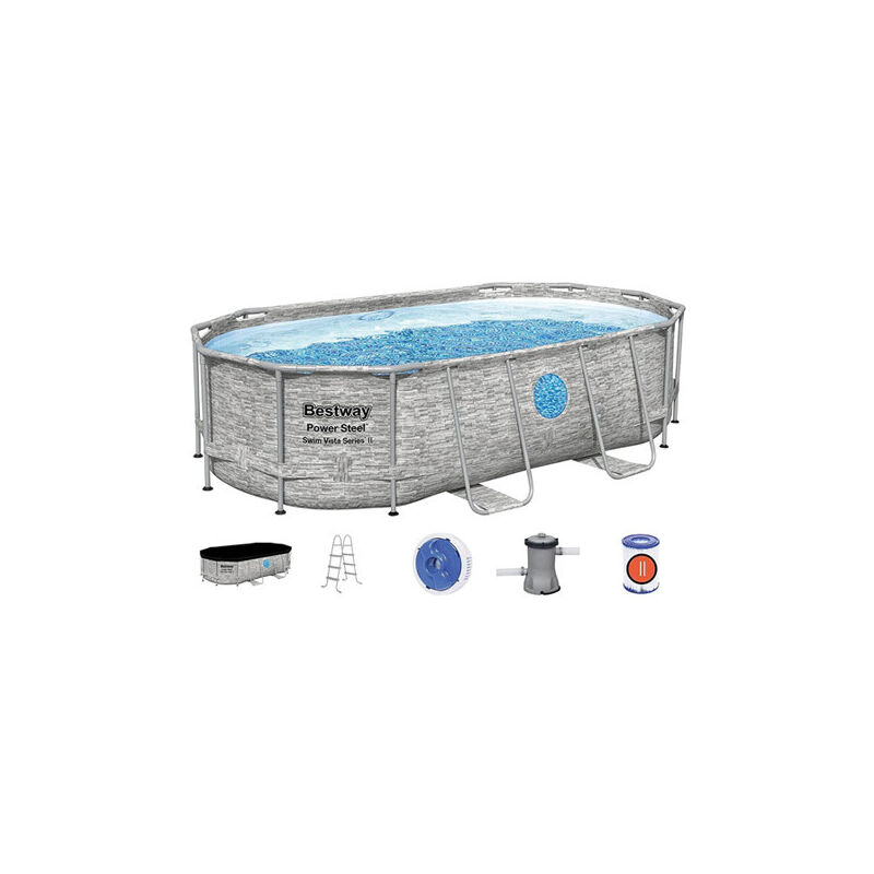 Piscina Desmontable Tubular Bestway Power Steel Diseño Piedra 427X250X100 Cm Depuradora Cartucho De 2.006L/H Cobertor Y Escalera