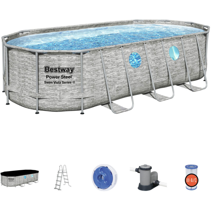 Piscina Desmontable Tubular Bestway Power Steel Diseño Piedra 549X274X122 Cm Depuradora Cartucho 5.678 L/H Cobertor Y Escalera