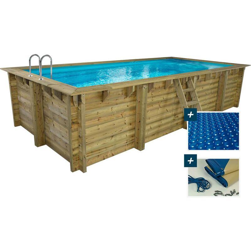Piscina Rectangular De Madera &Quot;Tobago&Quot; - 6,20 X 3,00 X 1,31 M + Cubierta De Burbujas De 180 Μ - Cubierta De Invierno De 280 G/M²