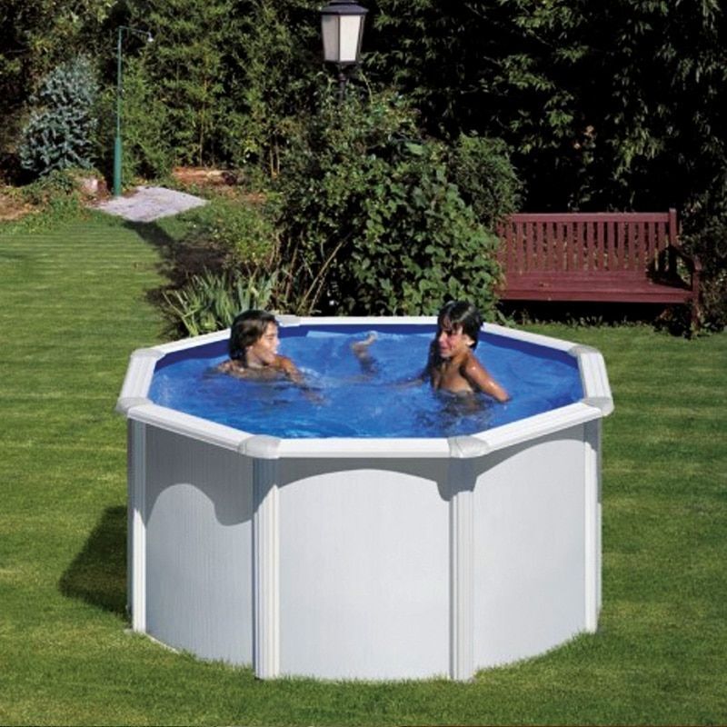 Gre - Piscina Redonda De Acero Fidji 240X120 Cm Escalera Con Plataforma Y Depuradora De Arena De 4.000 L/H, Color Blanco