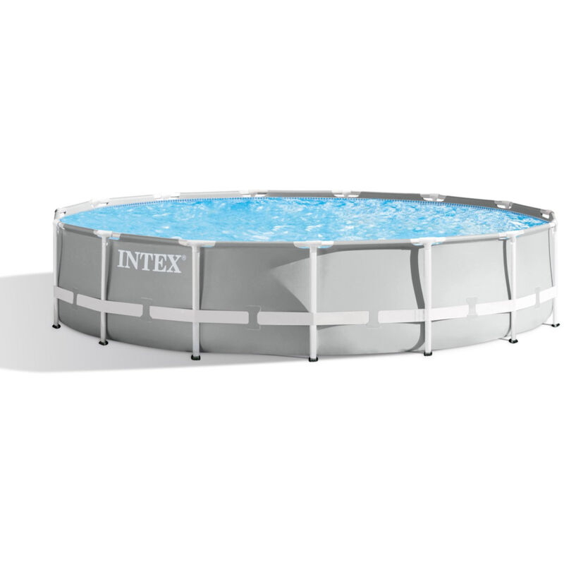 GRE - Intex 26724NP – Piscina Fuori Terra Prisma Frame Rotonda, Pompa Filtro 3785 L/h, Scaletta, Telo Base e Copertura, 14614 l, Acciaio e pvc,