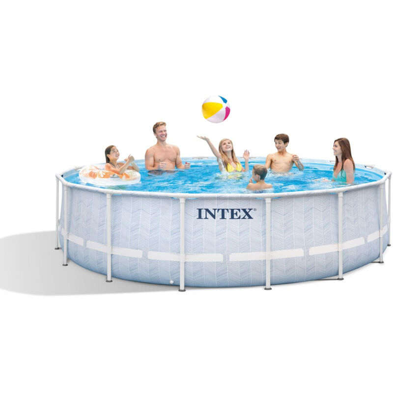 Intex - 26746NP – Piscina Fuori Terra Prisma Frame Chevron Rotonda, Pompa Filtro 5678 L/h, Scaletta, Telo Base e Copertura, 19156 l, Acciaio e pvc,