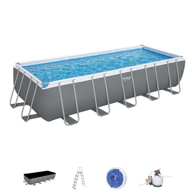 Piscina Tubular Rectangular Bestway Power Steel 640X274X132 Cm Depuradora De Arena Escalera, Cobertor Y Dispensador Color Gris