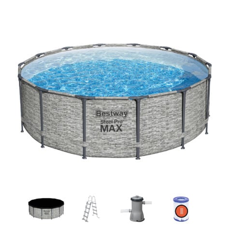 Piscina Tubular Redonda Bestway Steel Pro Max 427x122 cm con Depuradora de Cartucho Cobertor y Escalera Diseño Piedra