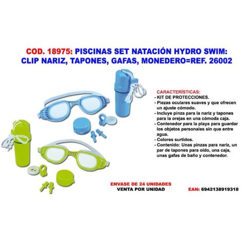 piscinas set natacion clip nariz, tapones, gafas, monedero 26002