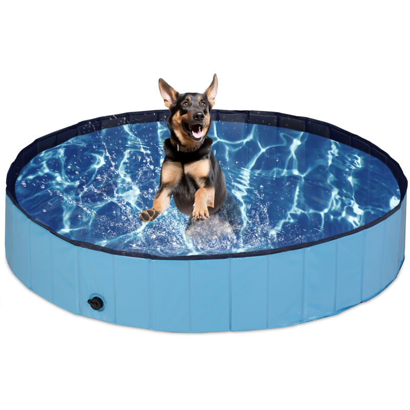 Piscine à chien, HxD : 30x160 cm, pliable, système d'évacuation, pour rafraîchir votre animal, pvc & mdf, bleu - Relaxdays