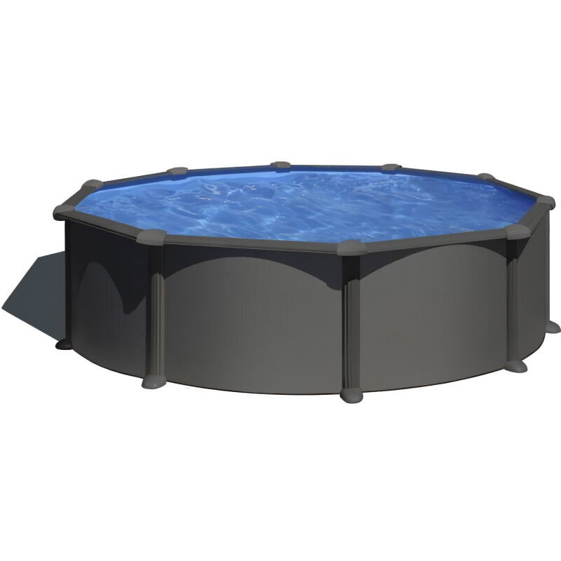 GRE - Kit Piscine hors sol acier grise anthracite ronde Juni Ø480 x H132 cm (Livrée avec filtre a sable + sable + échelle + t