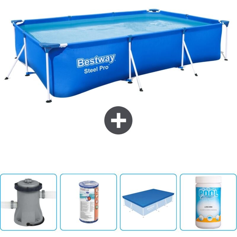 Piscine Bestway Rectangulaire Steel Pro - 300 x 201 x 66 cm - Bleue - Comprend des Accessoires CB51 - Blue