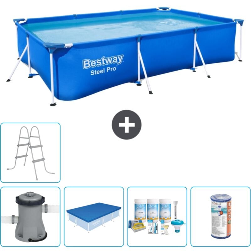 Piscine Bestway Rectangulaire Steel Pro - 300 x 201 x 66 cm - Bleue - Comprend des Accessoires CB14 - Blue