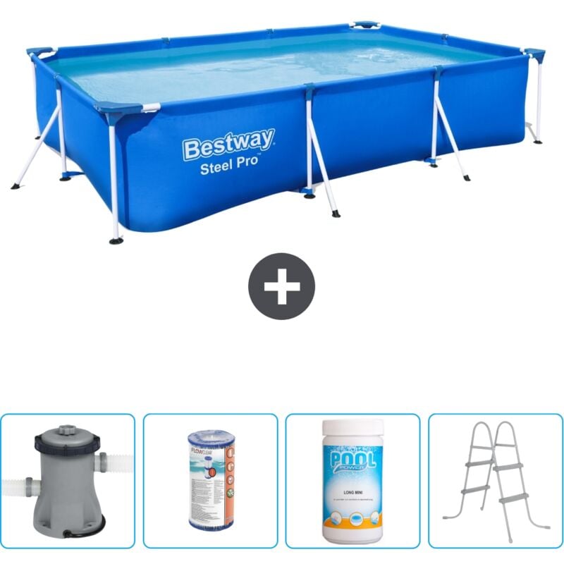 Piscine Bestway Rectangulaire Steel Pro - 300 x 201 x 66 cm - Bleue - Comprend des Accessoires CB60 - Blue