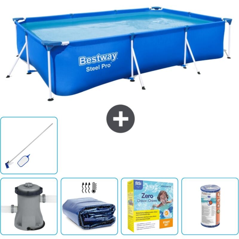 Piscine Bestway Rectangulaire Steel Pro - 300 x 201 x 66 cm - Bleue - Comprend des Accessoires CB20 - Blue