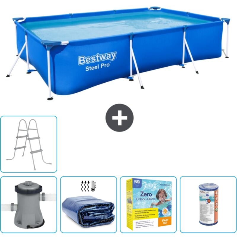 Bestway - Piscine Rectangulaire Steel Pro - 300 x 201 x 66 cm - Bleue - Comprend des Accessoires CB19 - Blue