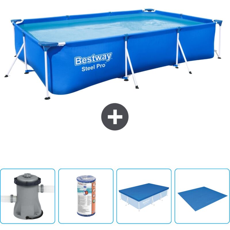 Bestway - Piscine Rectangulaire Steel Pro - 300 x 201 x 66 cm - Bleue - Comprend des Accessoires CB52 - Blue