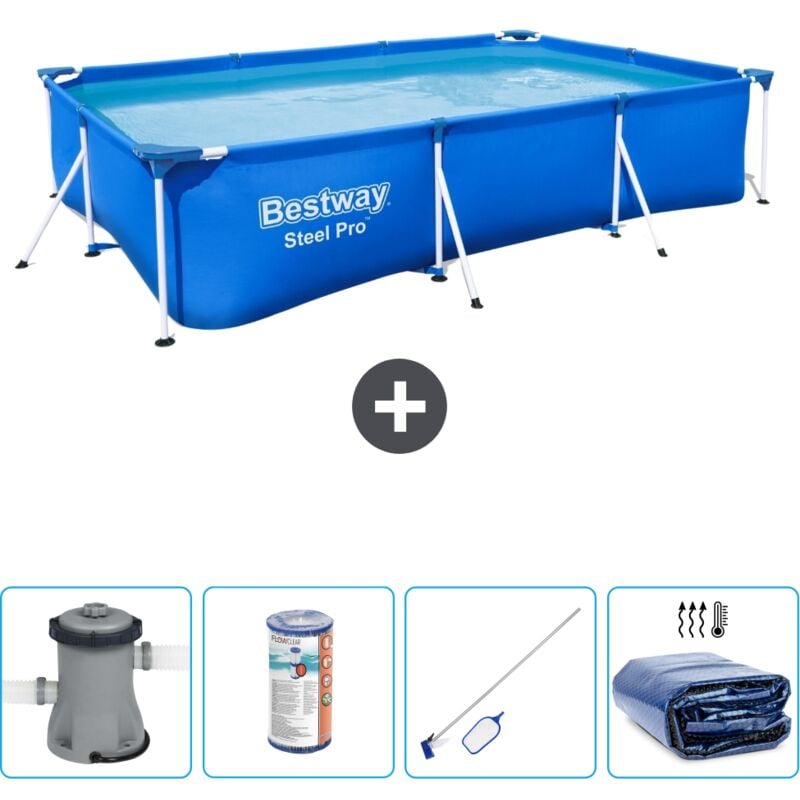 Piscine Bestway Rectangulaire Steel Pro - 300 x 201 x 66 cm - Bleue - Comprend des Accessoires CB57 - Blue